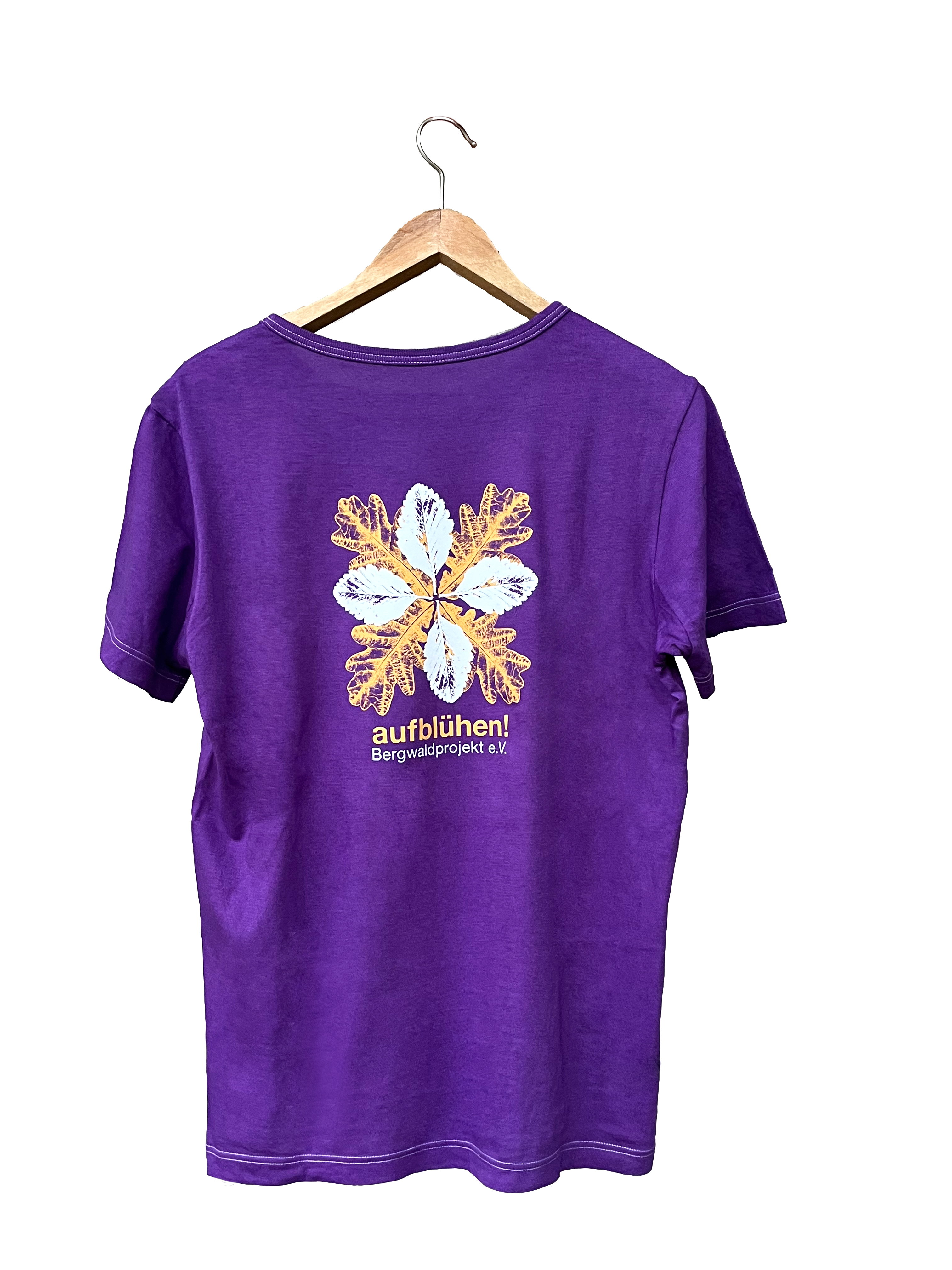 Violettes T-Shirt mit Blättermandala und aufblühen!-Schriftzug