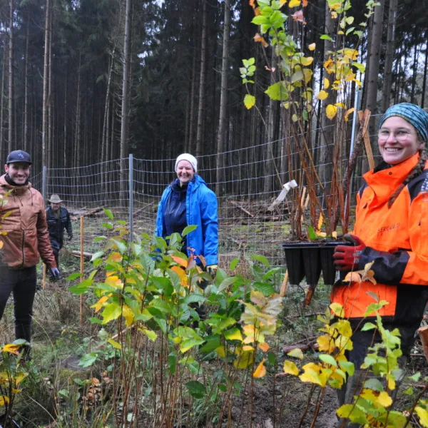 zwei Freiwillige im Wald, eine Person hält mehrere junge Bäume, die gleich gepflanzt werden sollen, in die Kamera