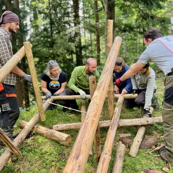 Viele Hände arbeiten an einem Hochsitz