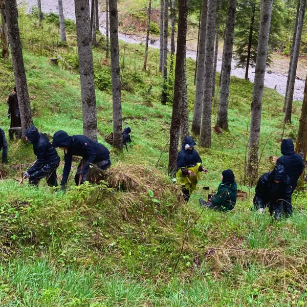 Den Berg hoch pflanzende FÖJ-Truppe